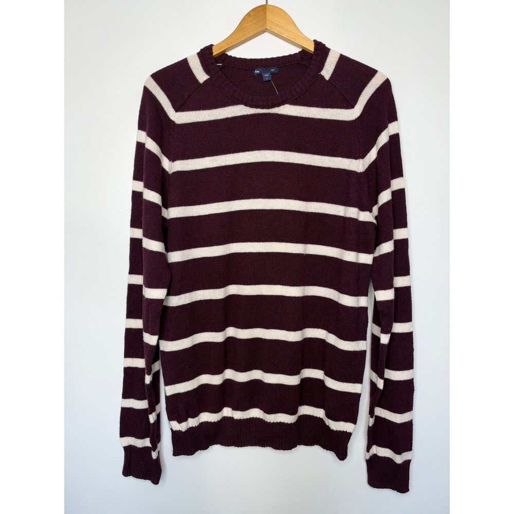 Gap Crewneck Sweater Mens L Burgundy White Striped Cotton Wool Blend Preppy
